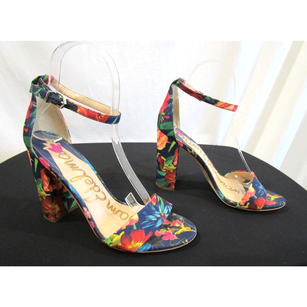 Sam Edelman Navy Floral Ankle-Strap Block Heel Sandals